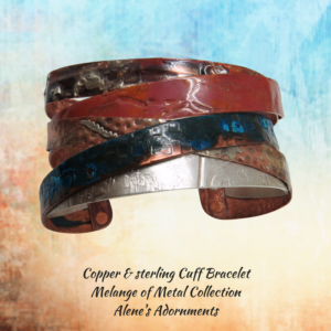 copper and sterling cuff bracelet with blue patina