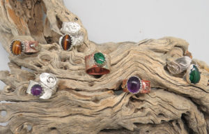 silver, copper and gemstone rings